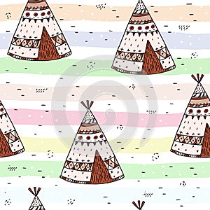 Hand drawn Cute seamless pattern with tee pee wigwam, North American Indian tee pee.