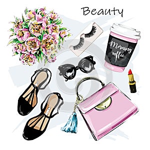 Hand drawn cute set with cosmetic, accessories and coffee cup. Bag, lipstick, false eyelashes, sunglasses and flowers, shoes.