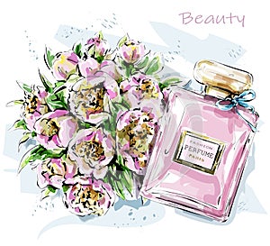 Hand drawn cute set with flowers and perfume bottle. Sketch. photo