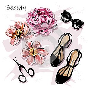 Hand drawn cute set with flowers, sunglasses, shoes and scissors. Beautiful female accessories. Sketch.