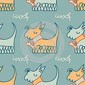 Hand drawn cute shaggy dogs in collars with bones and text woof seamless pattern. Animal cartoon vector character print. Perfect