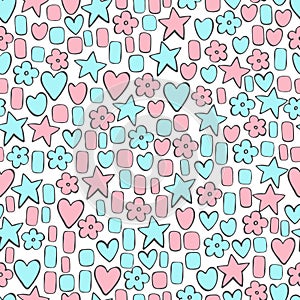 Hand drawn cute stars and hearts. Vector  seamless pattern