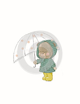 Hand drawn cute teddy bear under an umbrella, rainy weather