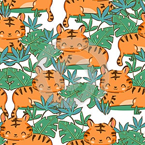 Hand drawn cute tiger with tropical leaves seamless pattern vector illustration hildrens trend Design Print
