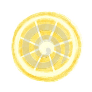 Hand drawn cute watercolor yellow lemon slice, round citrus piece artwork