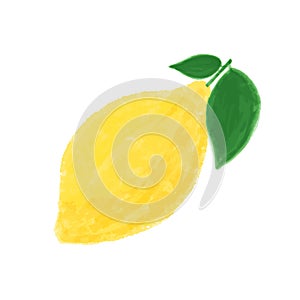 Hand drawn cute watercolor yellow lemon with two green leaves