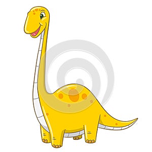 Hand drawn cute yellow brontosaurus long neck dinosaur on white background