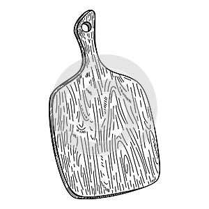 Hand drawn cutting wooden board Isolated on white. Kitchen utensils sketch. Engraving style