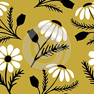 Hand drawn daisy seamless pattern on trendy yellow background