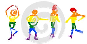 hand drawn dancing people silhouettes colored in LGBT rainbow flag colors isolated on white background. Freedom and love concept.