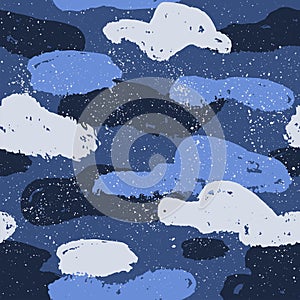 Hand drawn dark clouds and snow seamless pattern. Winter weather background. Ink brush stroke texture.