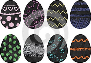 Hand drawn and decorated chalk chalkboard Easter eggs in bright colors and designs clip art
