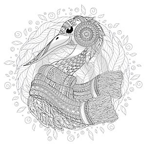 Hand drawn decorated swan. Image for adult coloring books, page