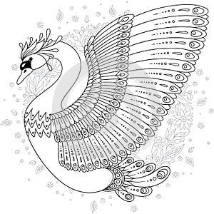 Hand drawn decorated swan. Image for adult coloring books, page