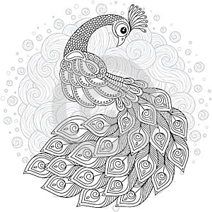 Hand drawn decorated swan. Image for adult coloring books, page