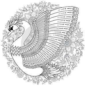 Hand drawn decorated swan. Image for adult coloring books, page