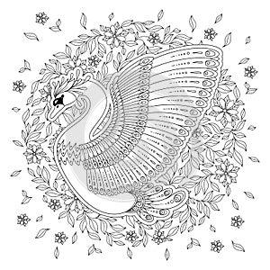 Hand drawn decorated swan. Image for adult coloring books, page