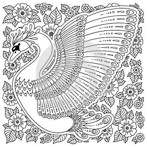 Hand drawn decorated swan. Image for adult coloring books, page