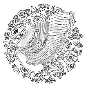 Hand drawn decorated swan. Image for adult coloring books, page