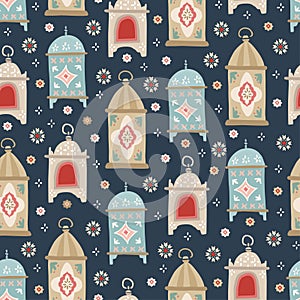 Hand drawn decorative arab lanterns and stars . Beautiful estive seamless pattern. Greeting card, invitation for muslim