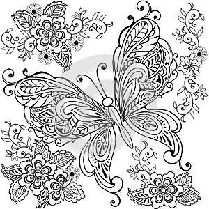 Hand drawn Decorative butterfly with florals for the anti stress coloring page.