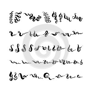 Hand drawn decorative calligraphic elements set. Black and white vector isolated illustration.