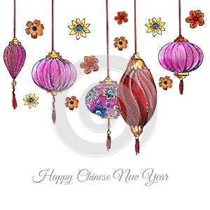 Hand drawn decorative chinese lanterns new year card background