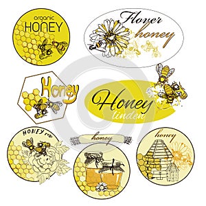 Hand drawn decorative icons set with beehive wax