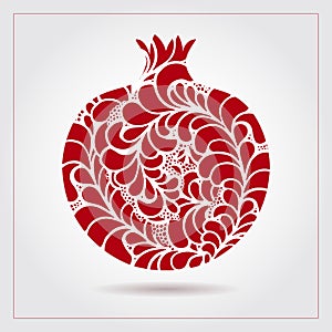 Hand drawn decorative ornamental pomegranate made of swirl doodles. Vector abstract illustration of fruit logo for branding, poste