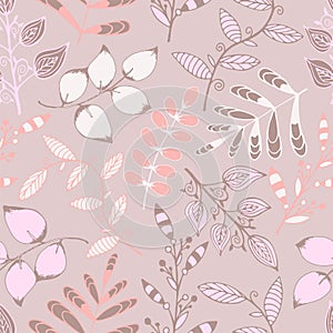 Hand drawn decorative seamless pattern of leaves, branches, curls, flowing lines. Floral set elements. Cute pink doodle sketch