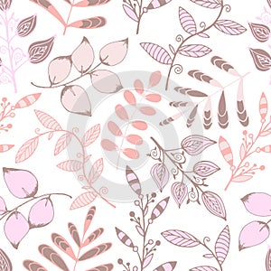 Hand drawn decorative seamless pattern of leaves, branches, curls, flowing lines. Floral set elements. Cute pink doodle sketch