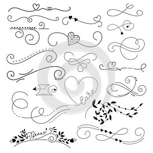 Hand drawn decorative set of line art elements. Boho arrows, heart, elegant text dividers, flourish with leaves.