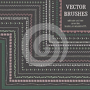 Hand drawn decorative vector brushes with inner and outer corner tiles.