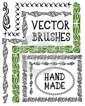 Hand drawn decorative vector brushes with inner and outer corner tiles. Dividers, borders, ornaments. Ink illustration