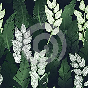 Hand drawn decorative vector seamless pattern with tropical leaves. Trendy print with exotics leaf.