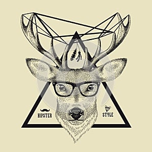 Hand drawn of a deer head in hipster style. Vector illustration of a hipster deer wearing spectacles