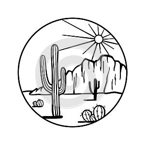 Hand drawn desert circle. Round western landscape sketch with cactus, sunset and rocks.