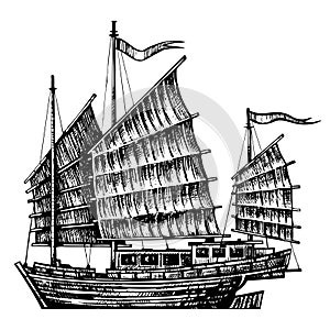 Hand drawn design chinese Junk boat
