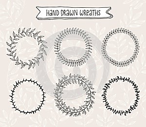 Hand drawn design elements, vector illustration of wreaths