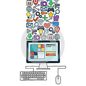 Hand drawn desktop computer with color web icons.