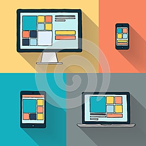 Hand drawn desktop computer, laptop, tablet and smart phone on color background.