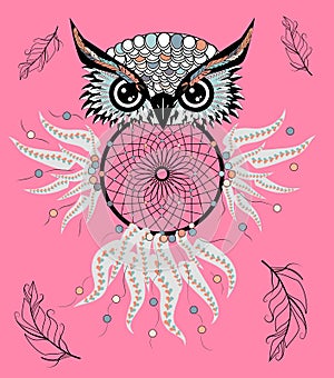 hand drawn Detailed ornate Owl with dream catcher in zentangle style. banner, invitation, card, t-shirt, bag, postcard