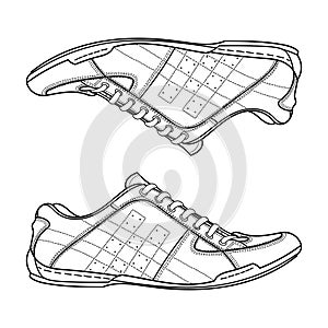 Hand drawn detailed sneakers, gym shoes. Classic vintage style. Outline doodle vector illustration.