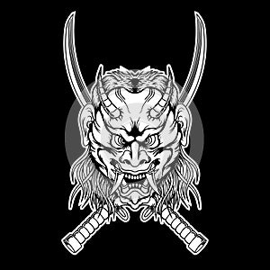 Hand drawn devil oni samurai warrior mask head mascot for tattoo