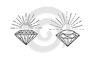 Hand drawn diamond shining line art side view and front view