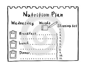 Hand drawn diet plan for breakfast, lunch, dinner. Healthy meal concept for weight loss, calories count in kcal. Cartoon