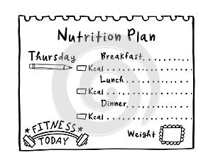 Hand drawn diet plan in doodle style for breakfast, lunch and dinner. Healthy meal concept for weight loss, calories count in kcal