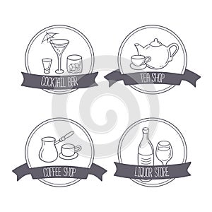 Hand drawn different beverage icon logos. Doodle