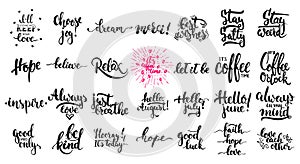 Hand drawn different quotes set of lettering phrases isolated on the white background. Fun brush ink vector illustration photo