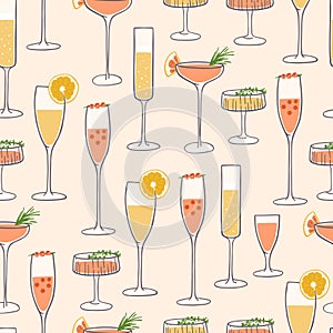 Hand drawn different types of cocktails seamless pattern